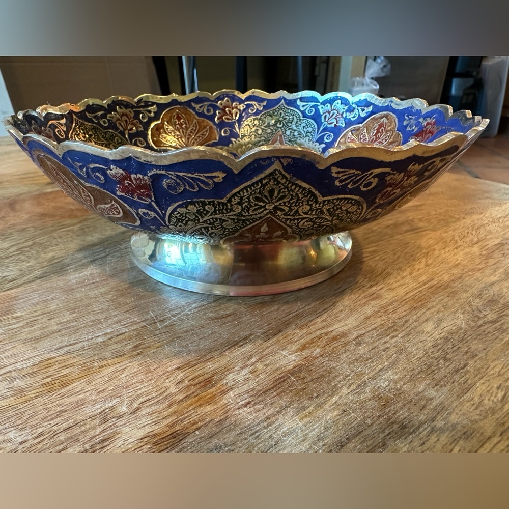 Vintage Solid Brass Enameled Trinket Dish